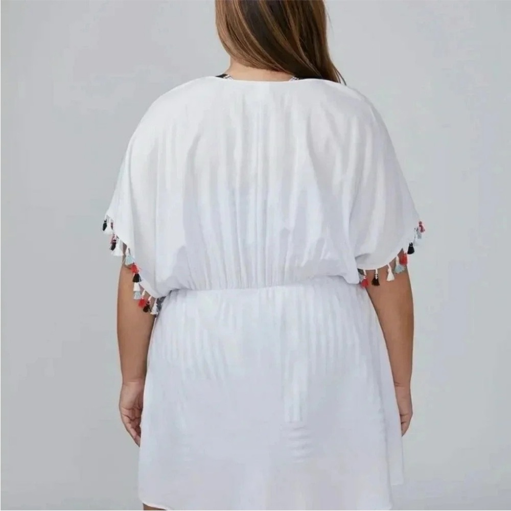 SWIM by CACIQUE Lane Bryant Cover-up White Black Red Tassels Tie Front 18/20 XXL - Picture 2 of 12